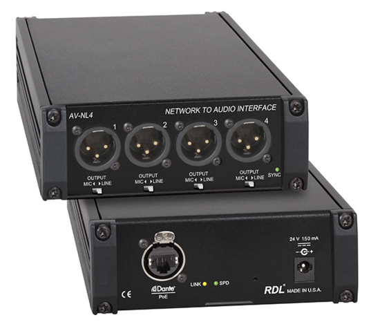 Convertisseur de 4 canaux Dante vers 4 audio analog XLR M Mic/Line