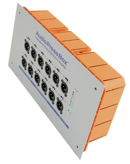 Boitier de presse encast. 1 x In Dante, 12 x Out XLR, AudioPressBox
