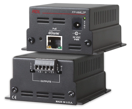 Interface Dante vers 2 canaux Mic/Line - RDL FP-NML2P. PoE