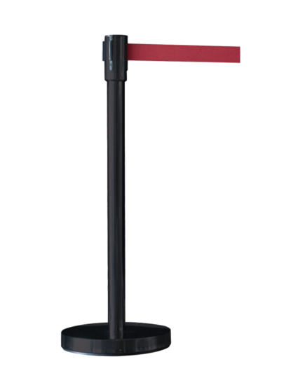 Potelet de signalisation noir avec enrouleur sangle rouge de 3 m.