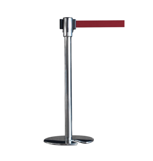 Potelet de signalisation chromé avec enrouleur sangle rouge de 2 m.