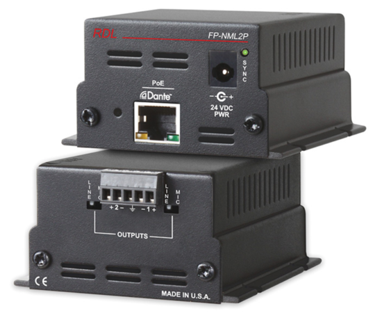 Interface Dante vers 2 canaux Mic/Line - RDL FP-NML2P. PoE