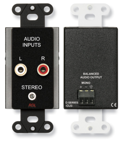 Plaque 1 module blanc, IN  2 x RCA, 1 mini jack - OUT mono symétrique