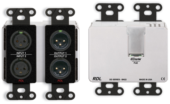 Interface Dante murale bidirectionnelle Mic/Line 2x2 noire DDB-BN22