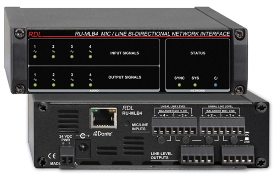 Interface bidirect. réseau Dante-audio niv. Ligne, PoE - RDL RU-MLB4P