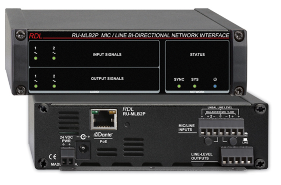 Interface bidirect. réseau Dante-audio niv. Ligne, PoE - RDL RU-MLB2P