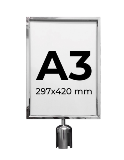 Panneau d'information chromé A3 V.  pour potelet à cordon ou sangle