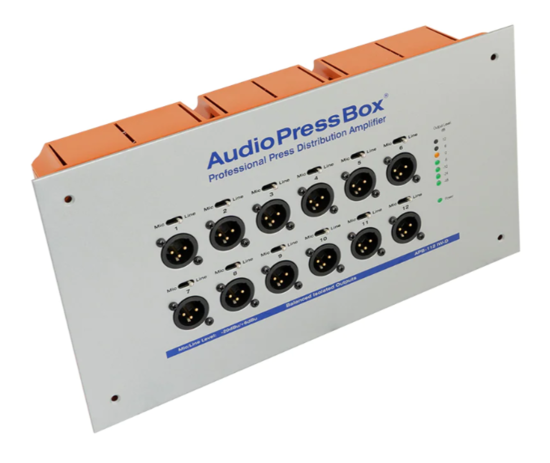 Boitier de presse encast. 1 x In Dante, 12 x Out XLR, AudioPressBox