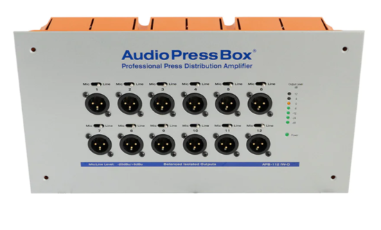 Boitier de presse encast. 1 x In Dante, 12 x Out XLR, AudioPressBox
