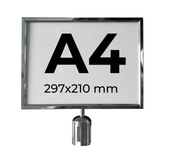 Panneau d'information chromé A4 H.  pour potelet à cordon ou sangle