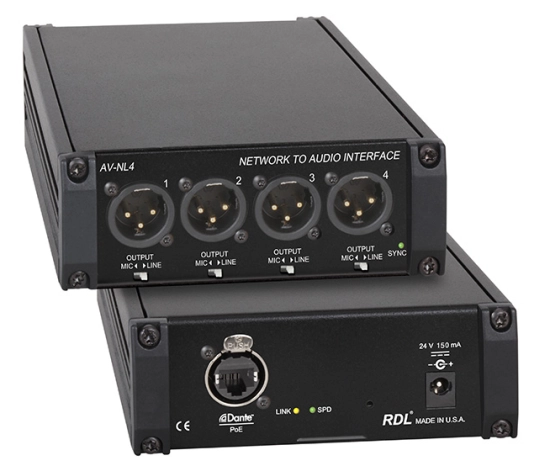 Convertisseur de 4 canaux Dante vers 4 audio analog XLR M Mic/Line