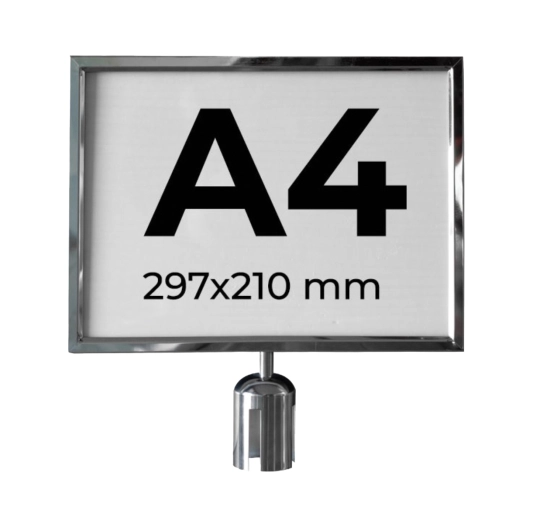 Panneau d'information chromé A4 H.  pour potelet à cordon ou sangle