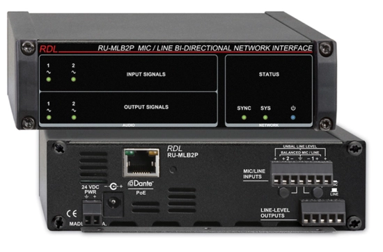 Interface bidirect. réseau Dante-audio niv. Ligne, PoE - RDL RU-MLB2P