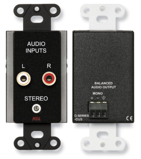 Plaque 1 module blanc, IN  2 x RCA, 1 mini jack - OUT mono symétrique