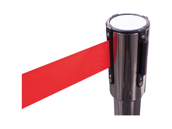 Potelet de signalisation chromé avec enrouleur sangle rouge de 3 m.