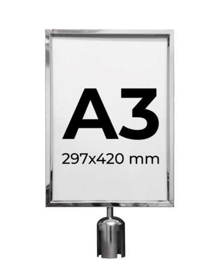 Panneau d'information chromé A3 V.  pour potelet à cordon ou sangle