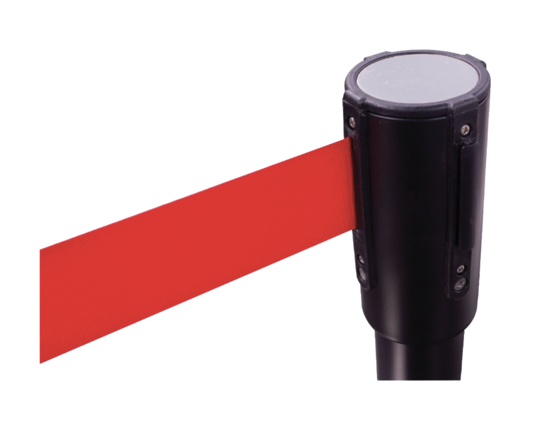 Potelet de signalisation noir avec enrouleur sangle rouge de 2 m.