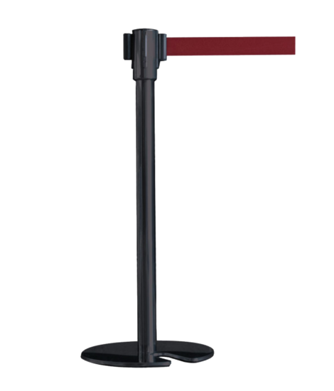 Potelet de signalisation noir avec enrouleur sangle rouge de 2 m.