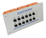 Boitier de presse encast. 1 x In Dante, 12 x Out XLR, AudioPressBox